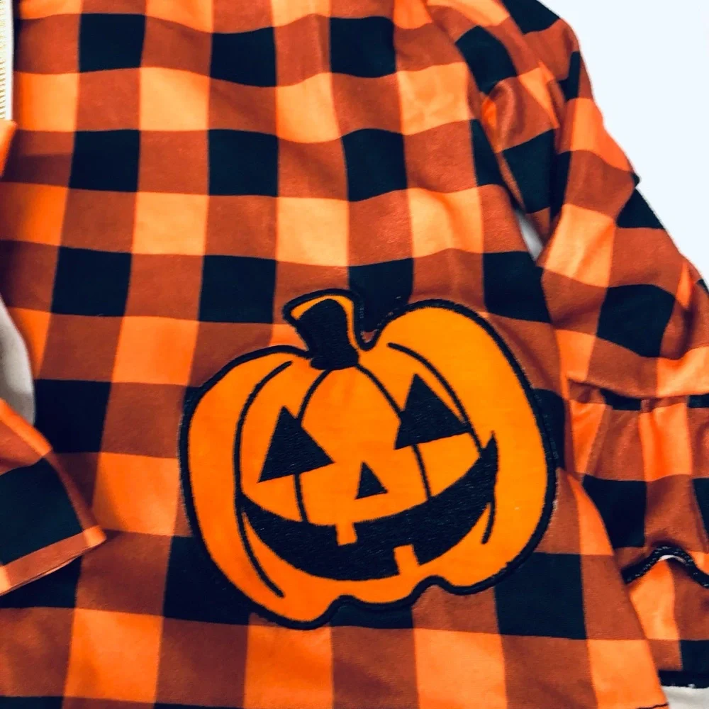 Girls Boutique Halloween Pumpkin Plaid Holiday Set - Orange & Black